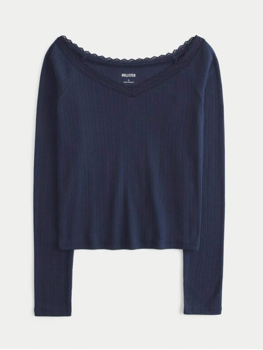 Hollister Navy Off-the-Shoulder Ribbed Crop Top | Long Sleeve Fitted Top